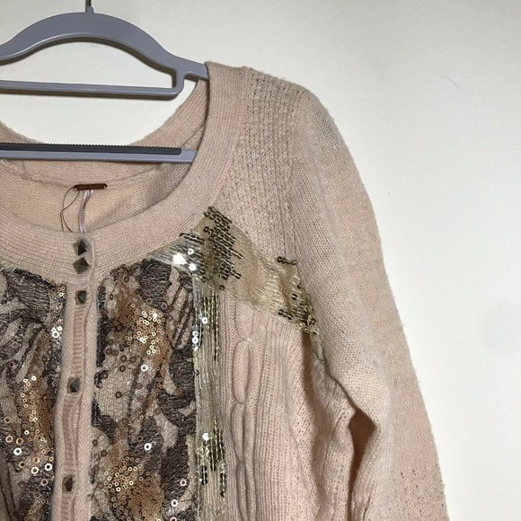 NWT Free People Cardigan Wool Blend Sequins Tan - Picture 3 of 7